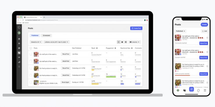 A screenshot of Facebook Business Suite’s scheduler on desktop and mobile.