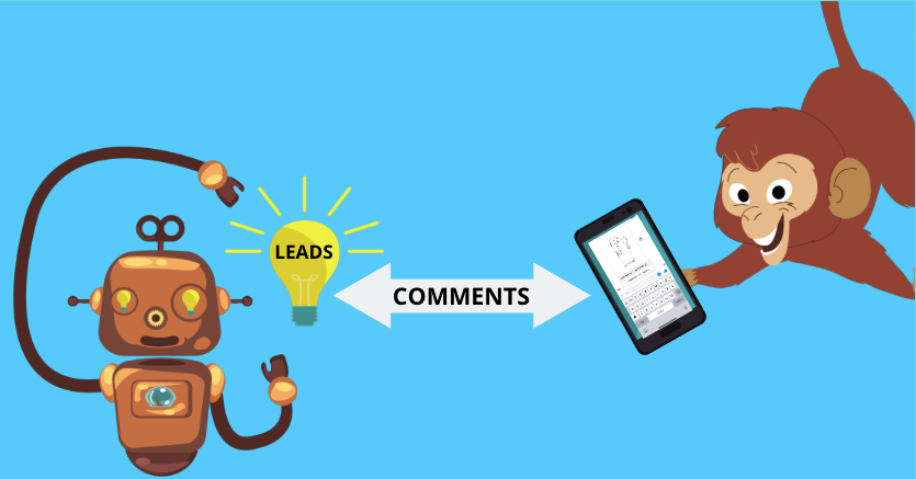 a monkey holds a smartphone with a facebook auto responder bot on it and a robot holds a lightbulb that says leads. there is an arrow in between them that says "comments"