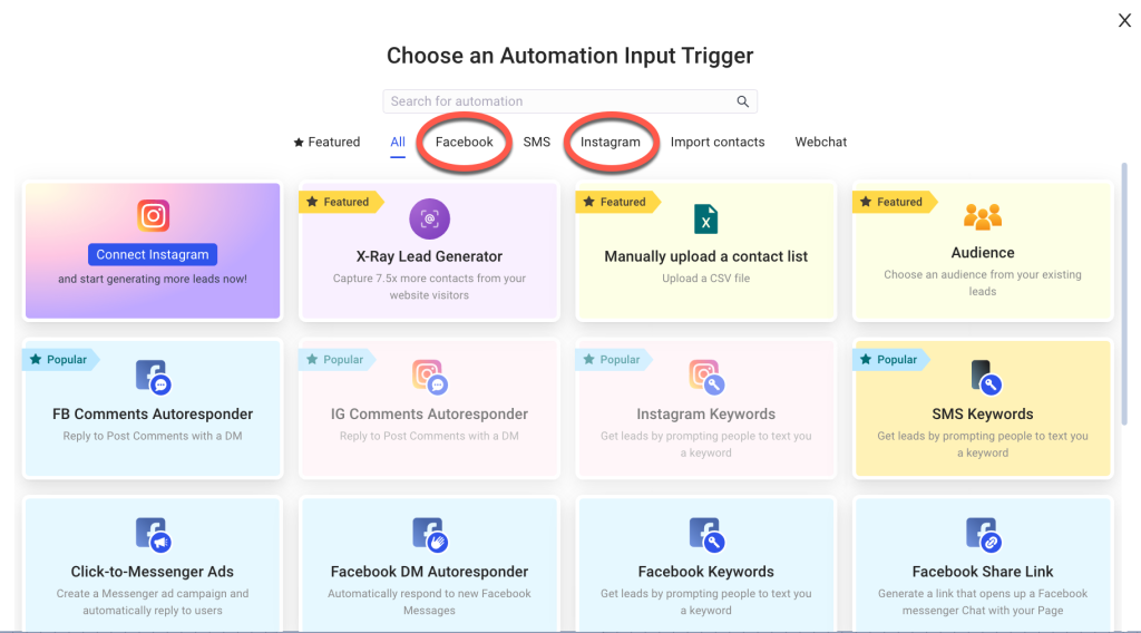 Click the Facebook tab for Facebook inputs and the Instagram tab for Instagram inputs into our sales automation tools. 